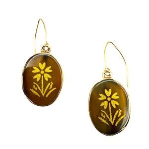 STARFISH PROJECT Artisan Handcrafted Etched Agate Daisy Drop Earrings Gold Plate